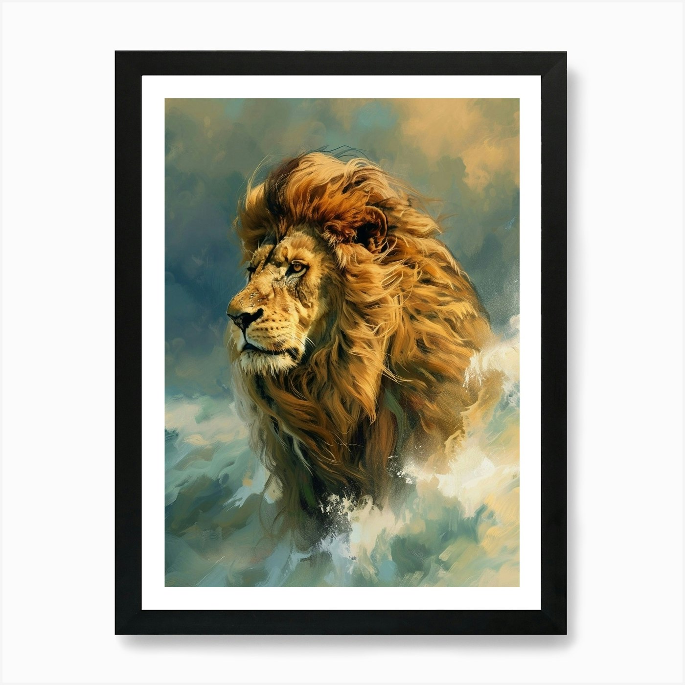 Barbary Lion Facing A Storm Illustr Framed Wall Art Poster Canvas Print Picture