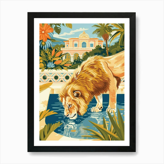 Barbary Lion Drinking Illustration  Framed Wall Art Poster Canvas Print Picture