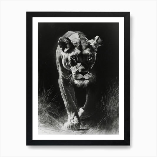 African Lion Charcoal Drawing Lione Framed Wall Art Poster Canvas Print Picture