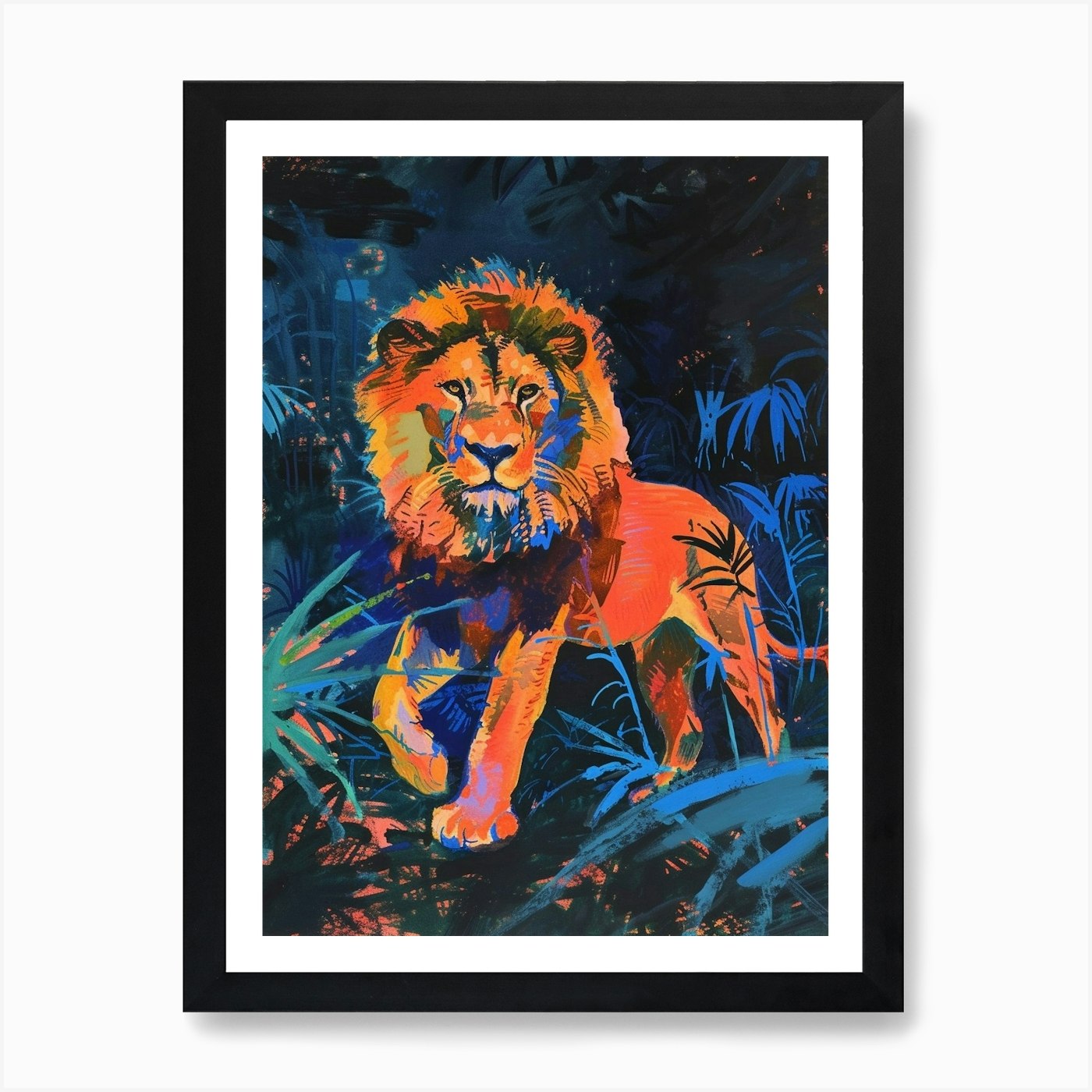 Asiatic Lion Night Hunt Fauvist Pai Framed Wall Art Poster Canvas Print Picture