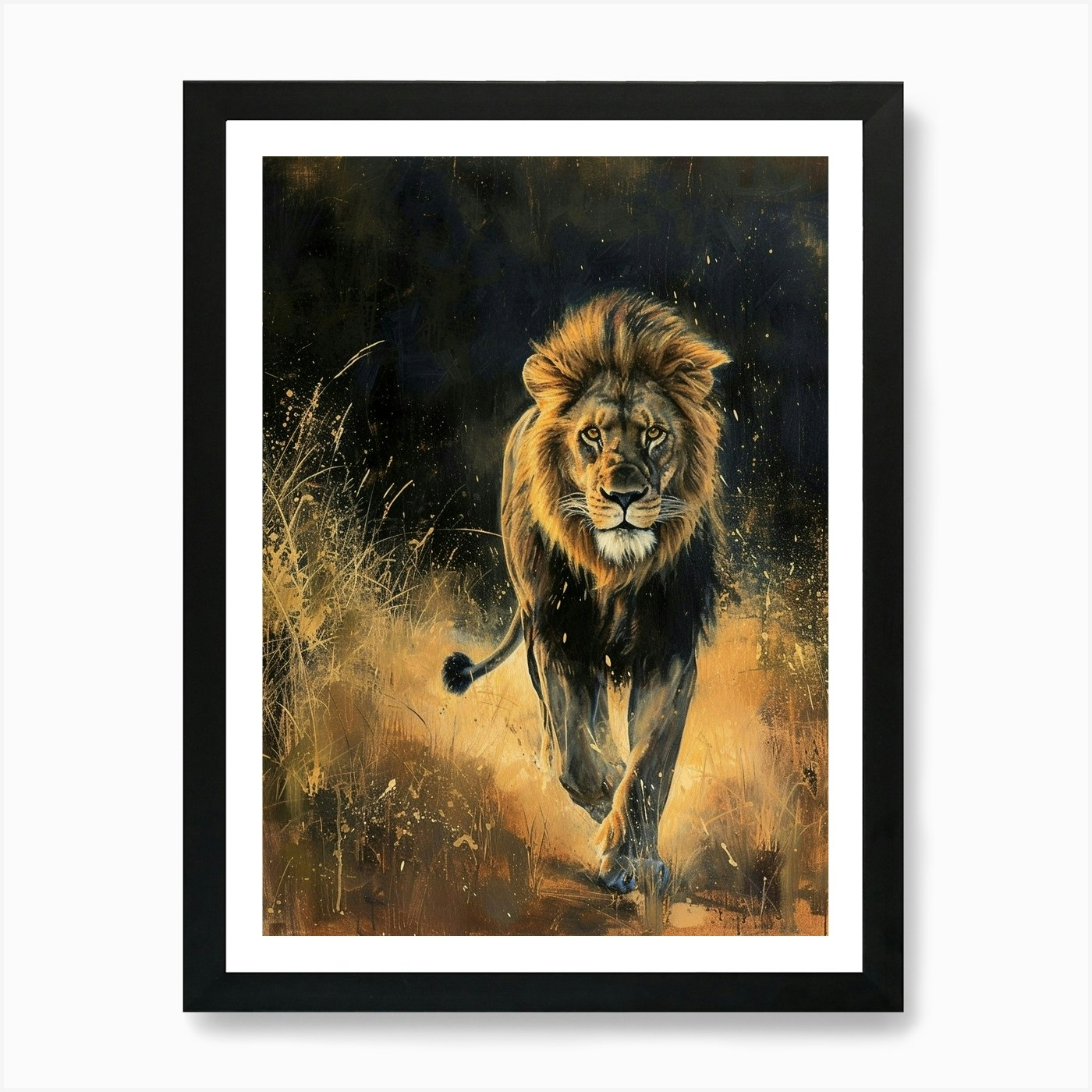 African Lion Night Hunt Acrylic Pai Framed Wall Art Poster Canvas Print Picture