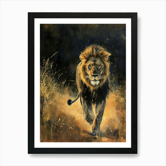 African Lion Night Hunt Acrylic Pai Framed Wall Art Poster Canvas Print Picture