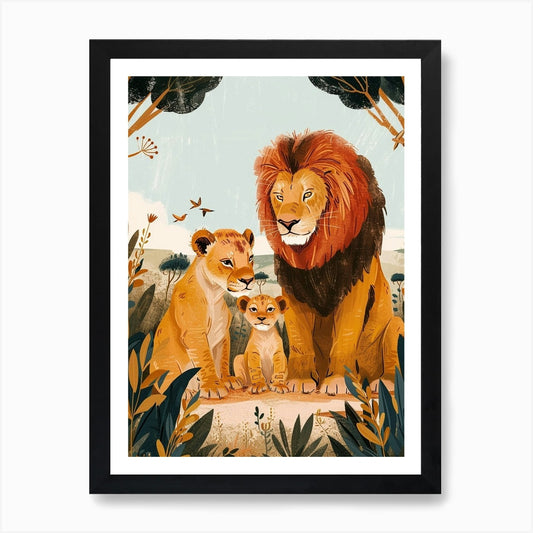 Barbary Lion Family Bonding Illutra Framed Wall Art Poster Canvas Print Picture
