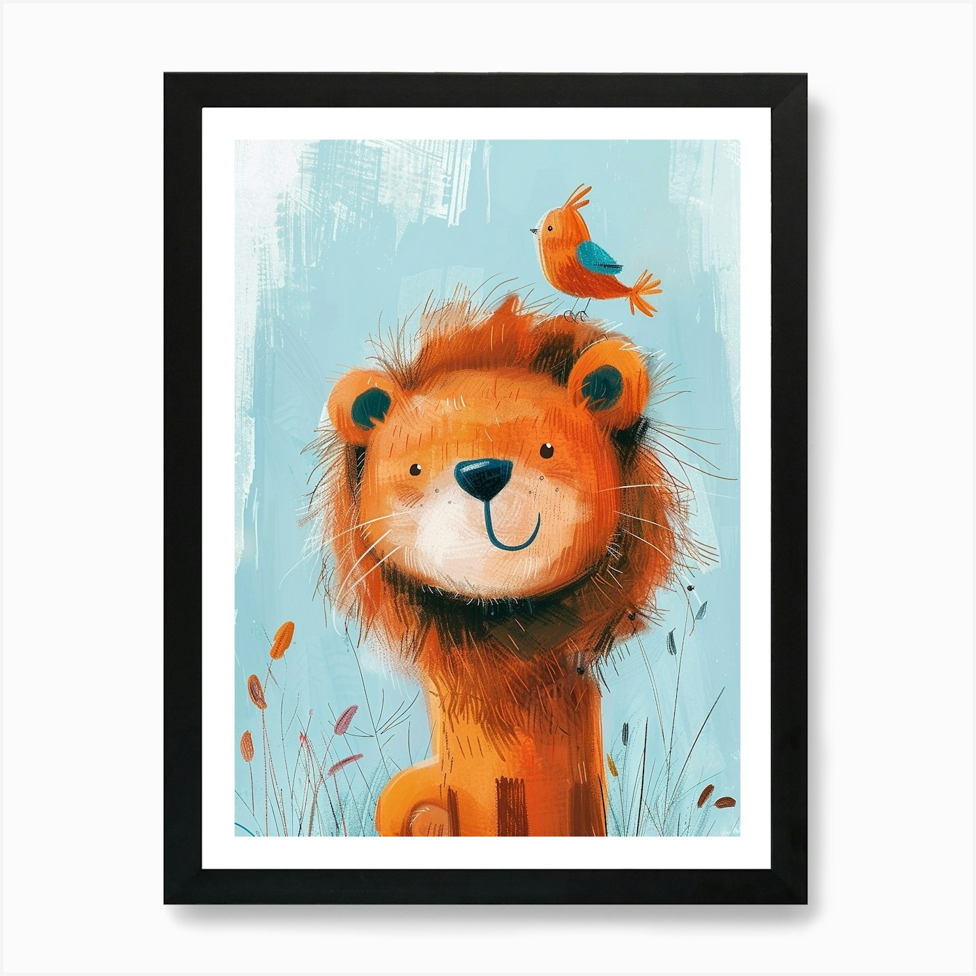 Small Joyful Lion With A Bird On It Framed Wall Art Poster Canvas Print Picture