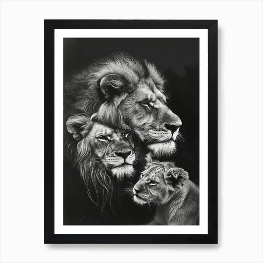 Barbary Lion Charcoal Drawing Famil Framed Wall Art Poster Canvas Print Picture