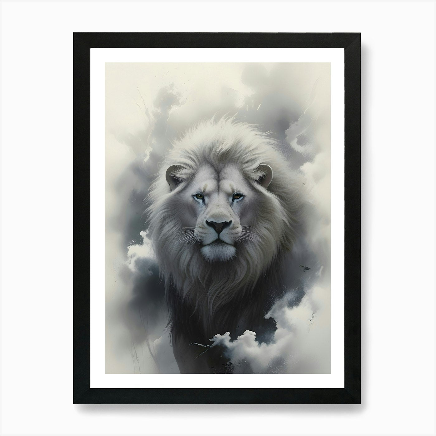A majestic white lion with flowing, Framed Wall Art Poster Canvas Print Picture