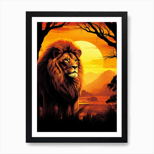 African Lion Sunset Painting 6 Art  Framed Wall Art Poster Canvas Print Picture