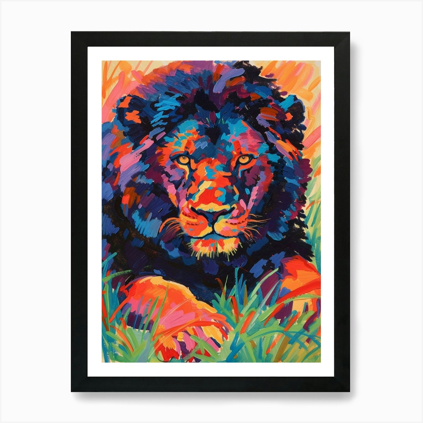Black Lion Symbolic Imagery Fauvist Framed Wall Art Poster Canvas Print Picture