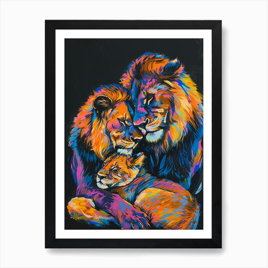 Black Lion Family Bonding Fauvist P Framed Wall Art Poster Canvas Print Picture