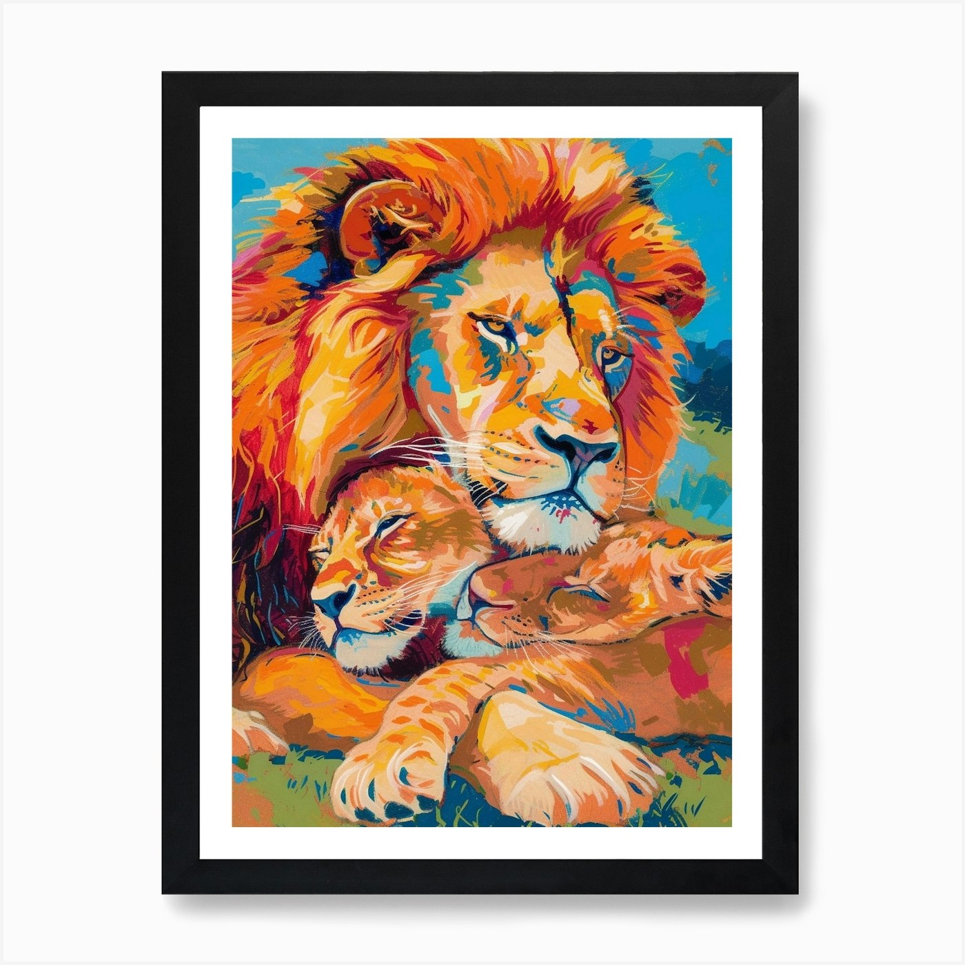 Masai Lion Family Bonding Fauvist P Framed Wall Art Poster Canvas Print Picture