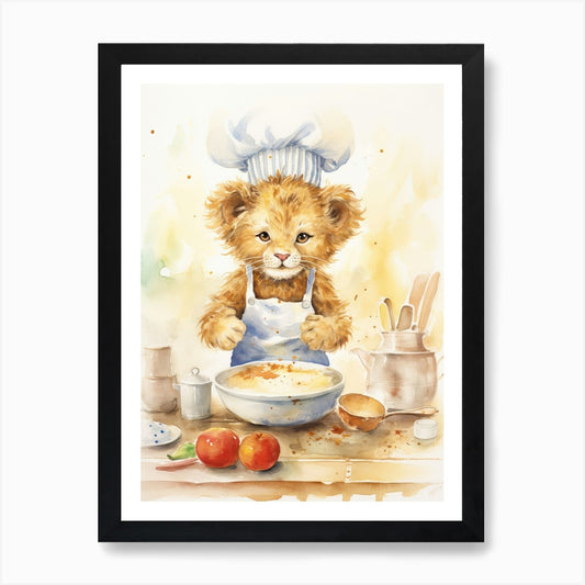 Cooking Watercolour Lion Art Painti Framed Wall Art Poster Canvas Print Picture