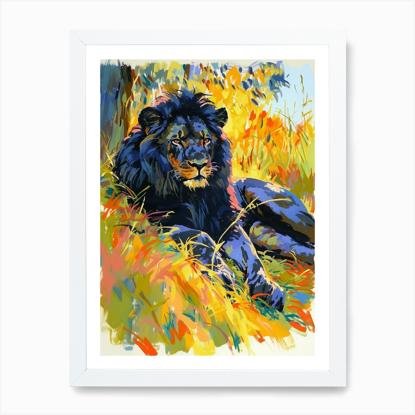 Black Lion Resting In The Sun Fauvi Framed Wall Art Poster Canvas Print Picture