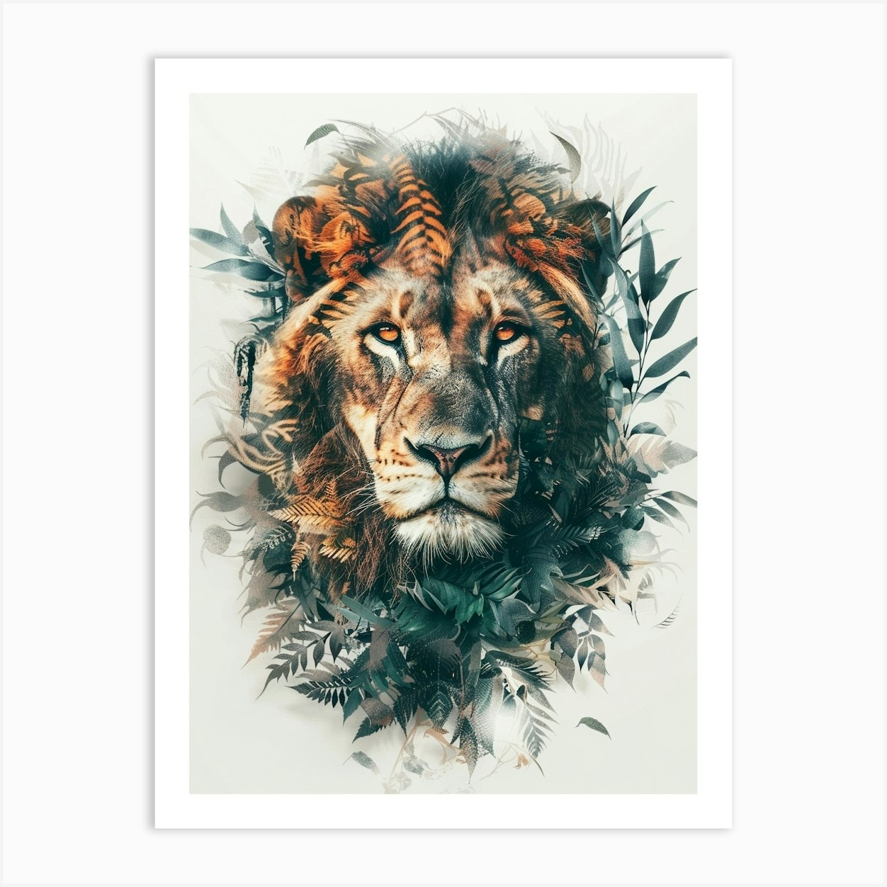 Double Exposure Realistic Lion With Framed Wall Art Poster Canvas Print Picture