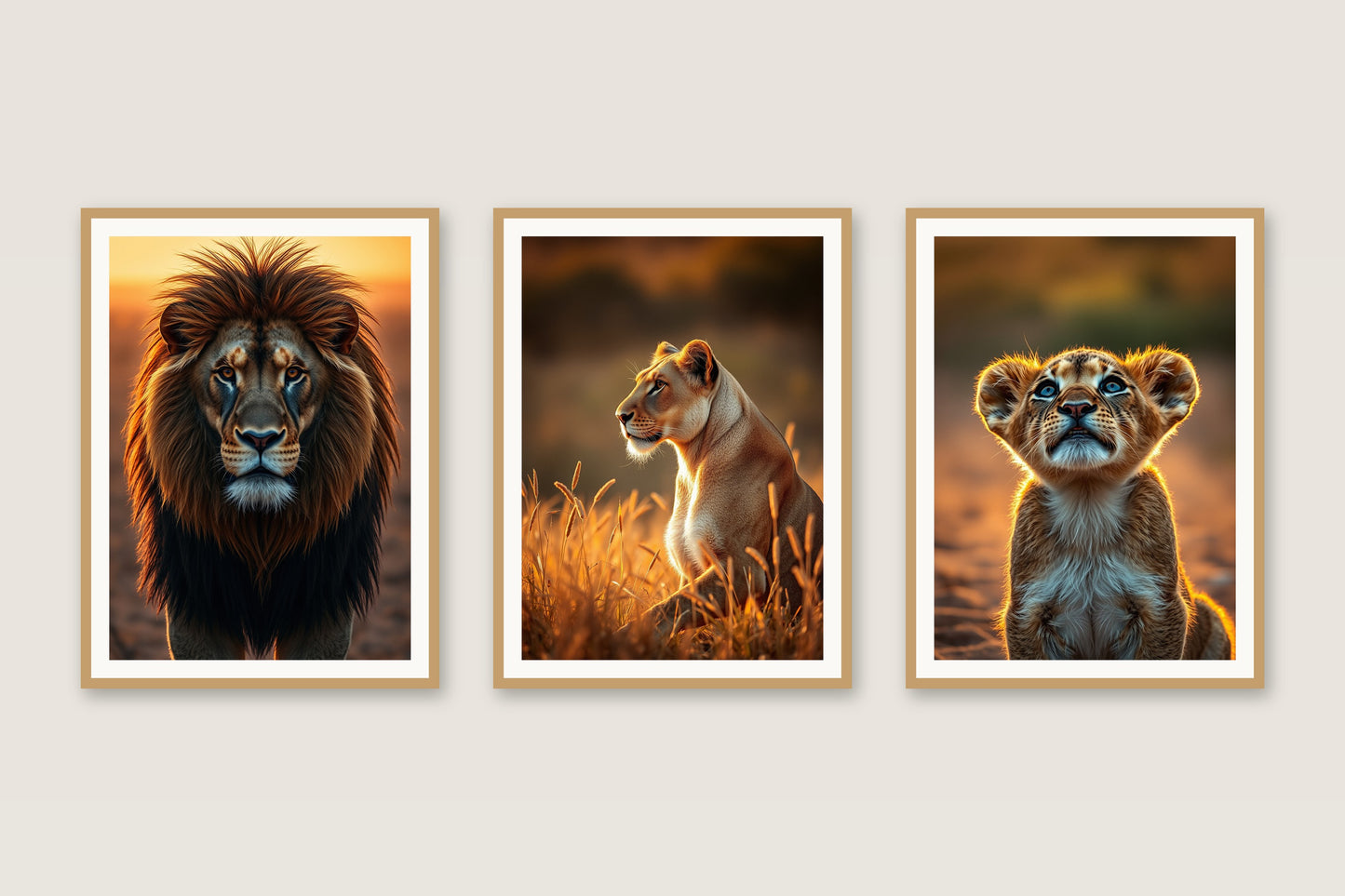 Golden Savanna lions gallery trio