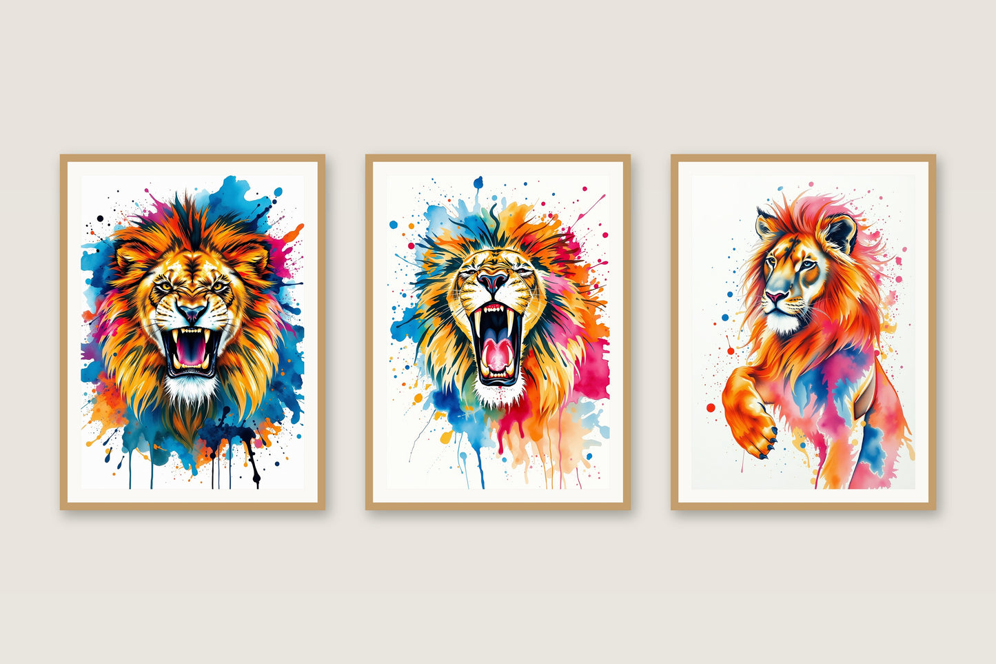 Watercolour Wild lions gallery trio