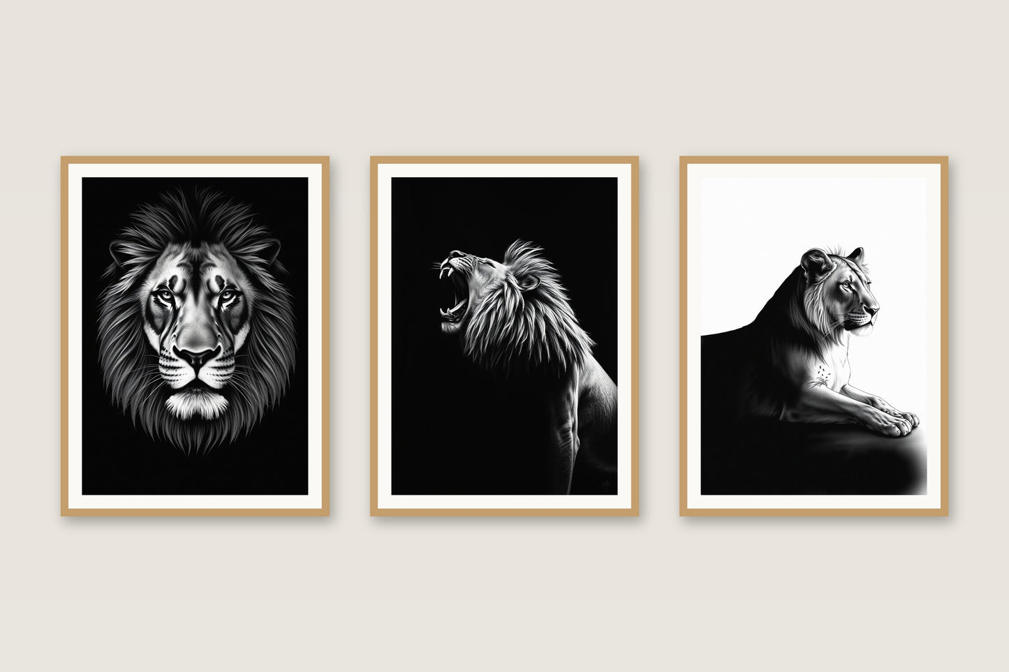 Monochrome Ink lions gallery trio
